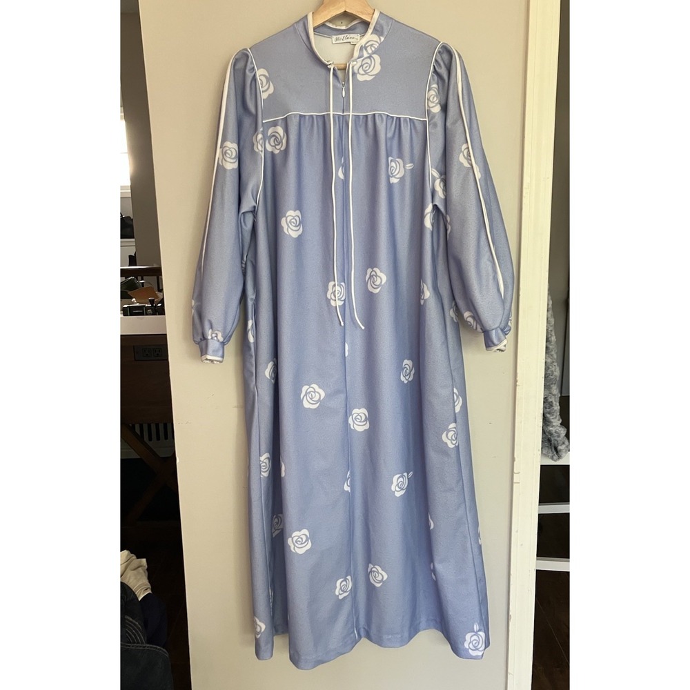 Vintage Miss Elaine Blue House Dress Petite USA Made Long Sleeve Nightgown